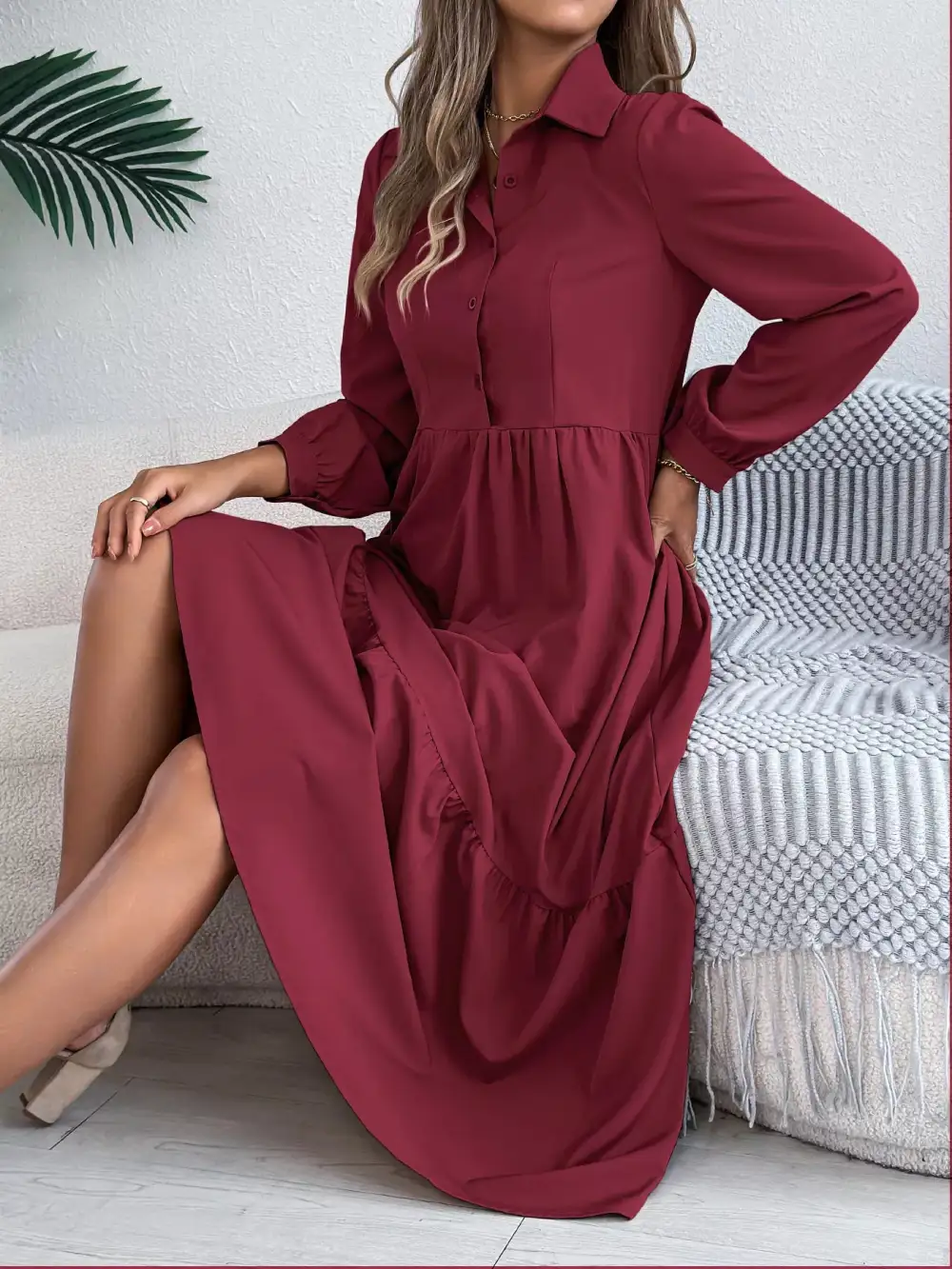 Button Front Tiered Long Sleeve Midi Dress