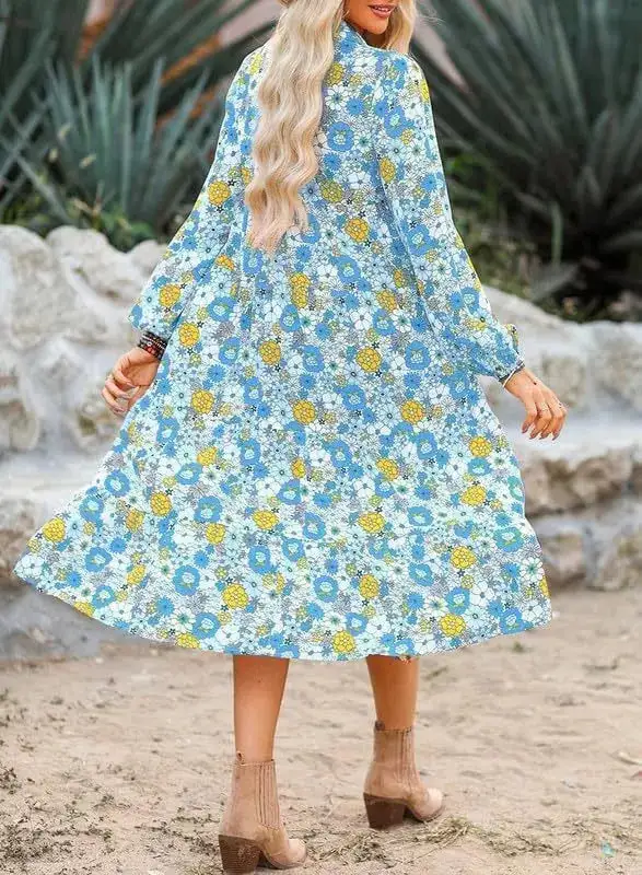 Textured Detail Floral Printed Midi Dress