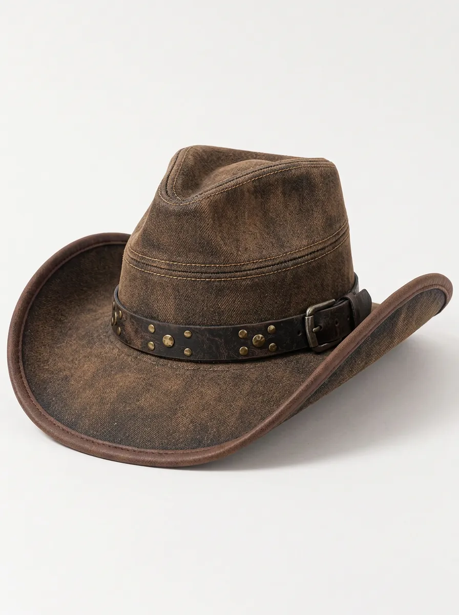 Men's Cowboy Hat with Leather Look Curved Brim Weathered Look Detail