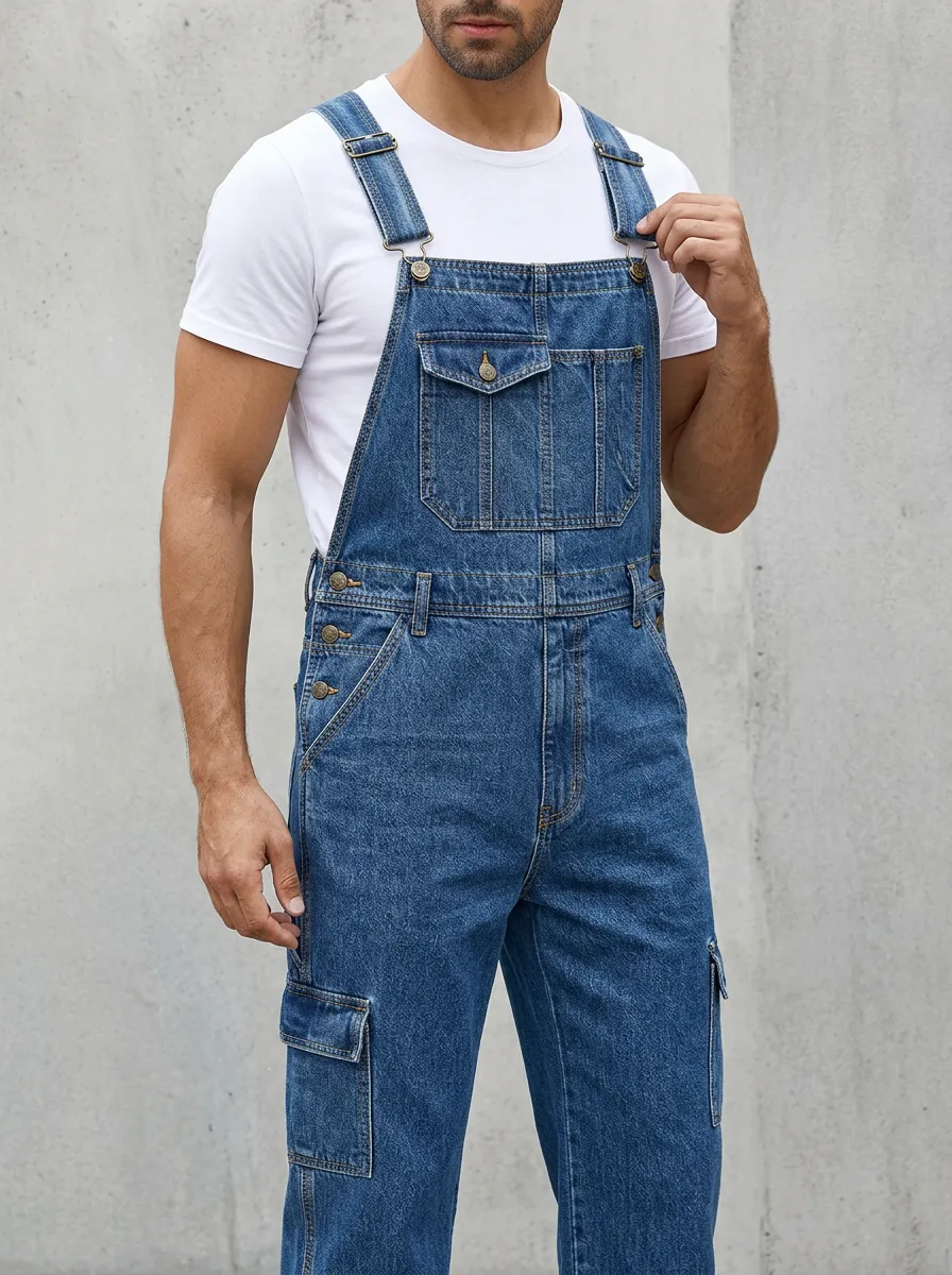 Men's Casual Denim Cargo Multi-Pocket Bib Overalls