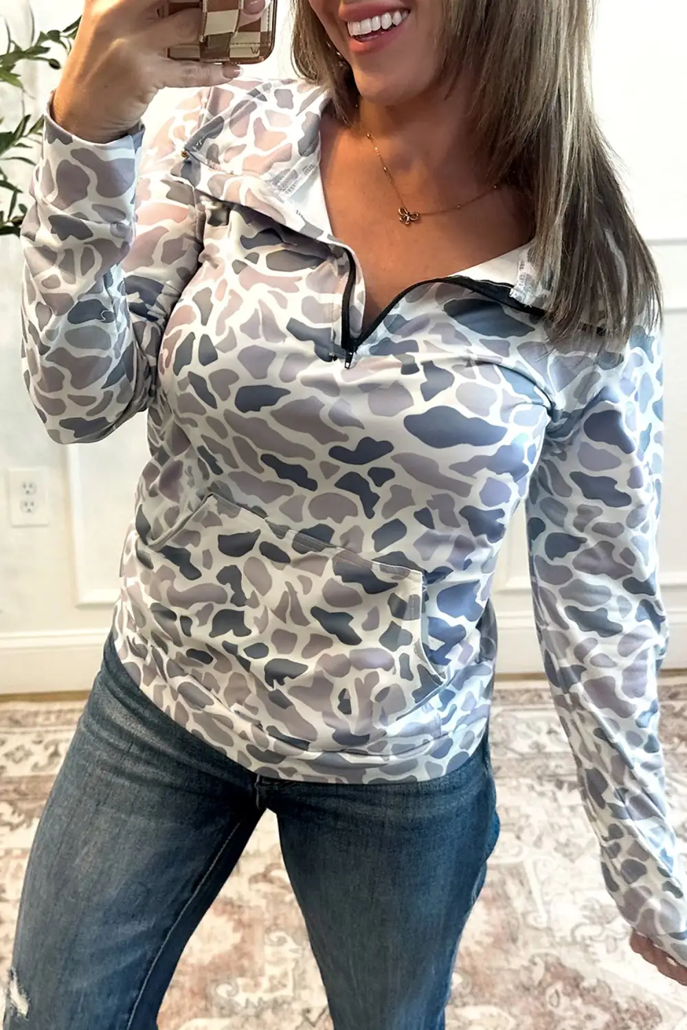 Camo Print Pocket Detail Zip Detail Zip Pullover Sweatshirt