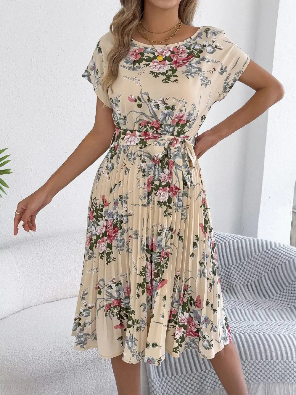Print Pleated A-line Midi Dress