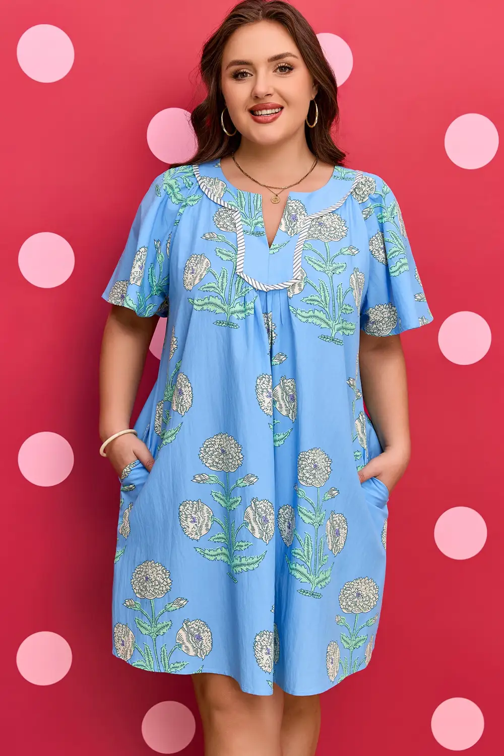 Soft Touch Floral Striped Split Neck Mini Dress