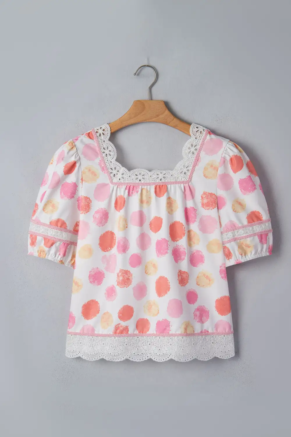 Pink Polka Dot Lace Trim Square Neck Puff Sleeve Blouse