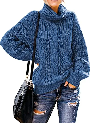 Women's 2025 Turtleneck Balloon Long Sleeve Casual Loose Chunky Cable Knit Pullover Sweater Outerwear