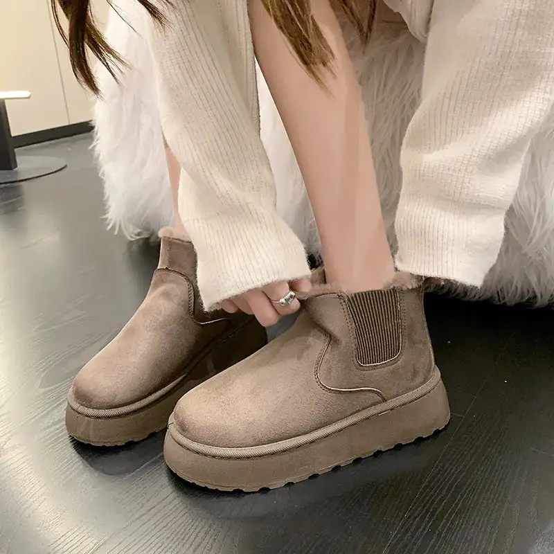 Leather Plush-Lined Warm-Lined Ankle Boots