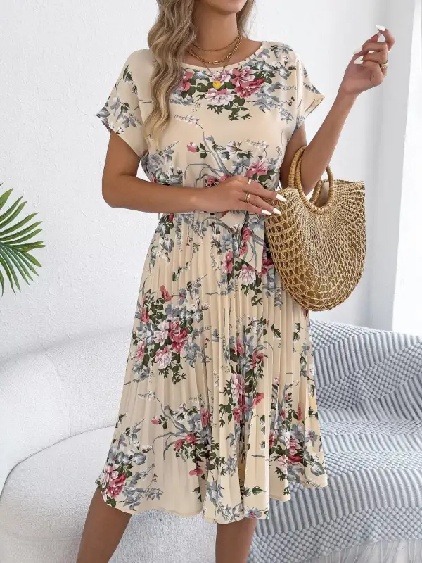 Print Pleated A-line Midi Dress