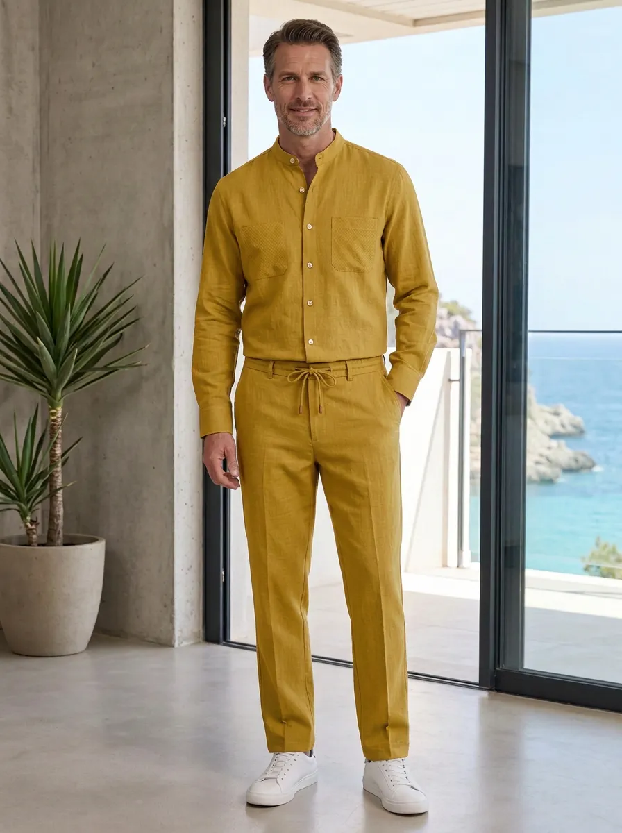 Active Mandarin Collar Drawstring Essential Men's Mandarin Collar Shirt And Drawstring Pants Set