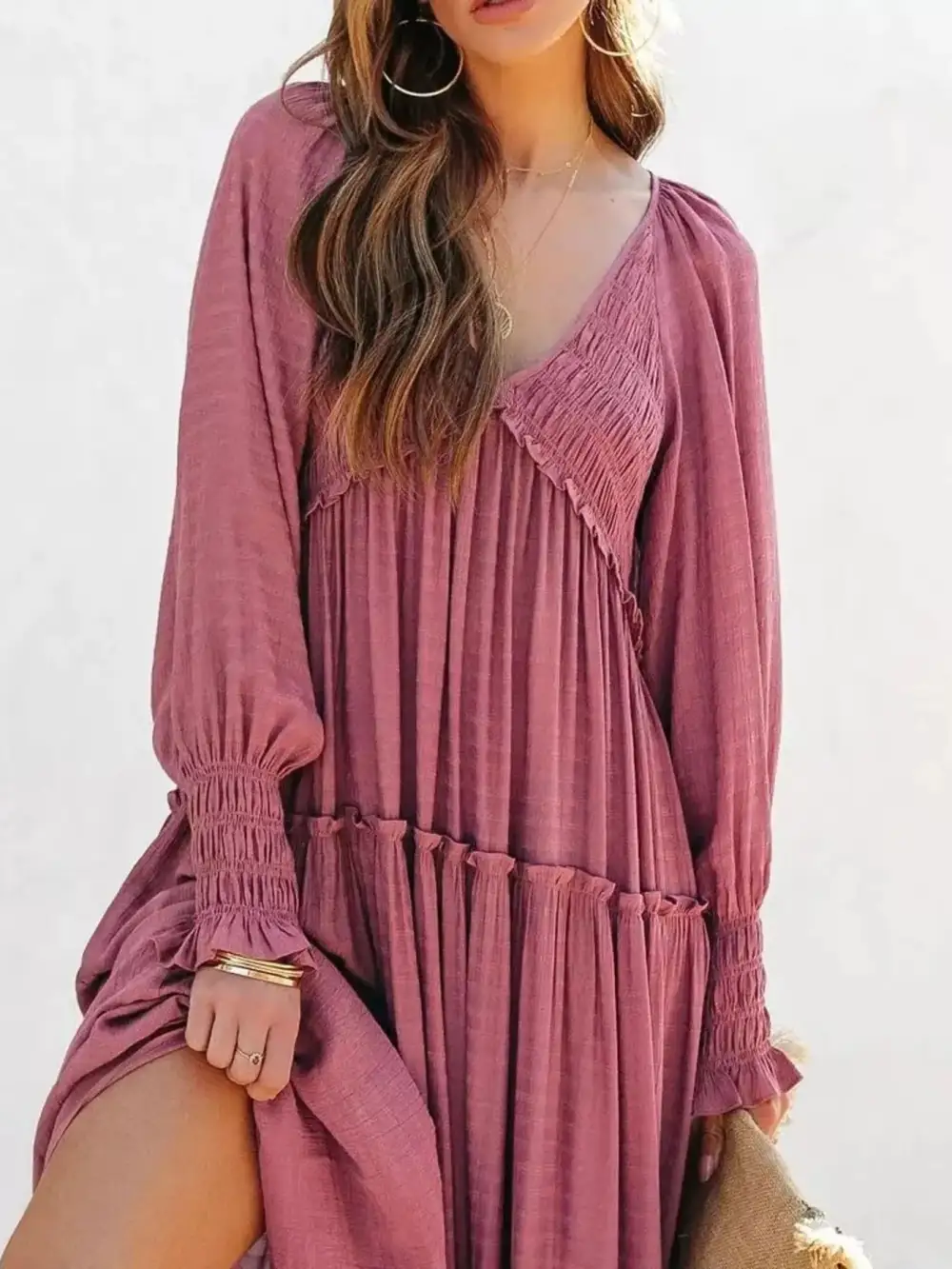 V Neck Tiered Long Sleeve Maxi Dress
