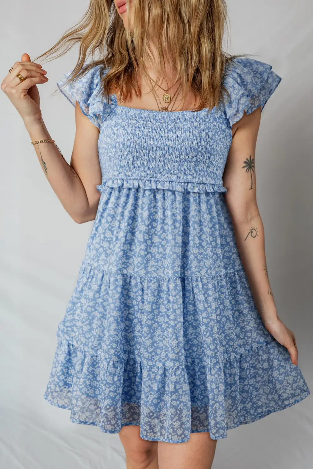 Layered Detail Floral Printed Square Neck Mini Dress
