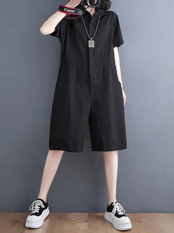 Eenvoudige Jumpsuits Met Effen Kleur En Revers Korte