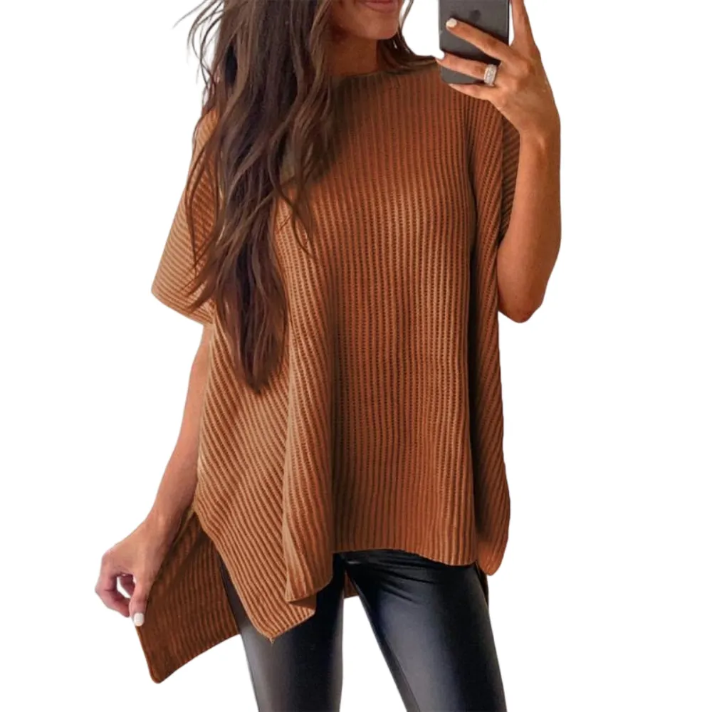 2025 Fall Clothing Women's Oversized Knit Top, Casual Crew Neck Drop Shoulder Loose Fit Short Sleeve Pullover Sweater with Side Slit
