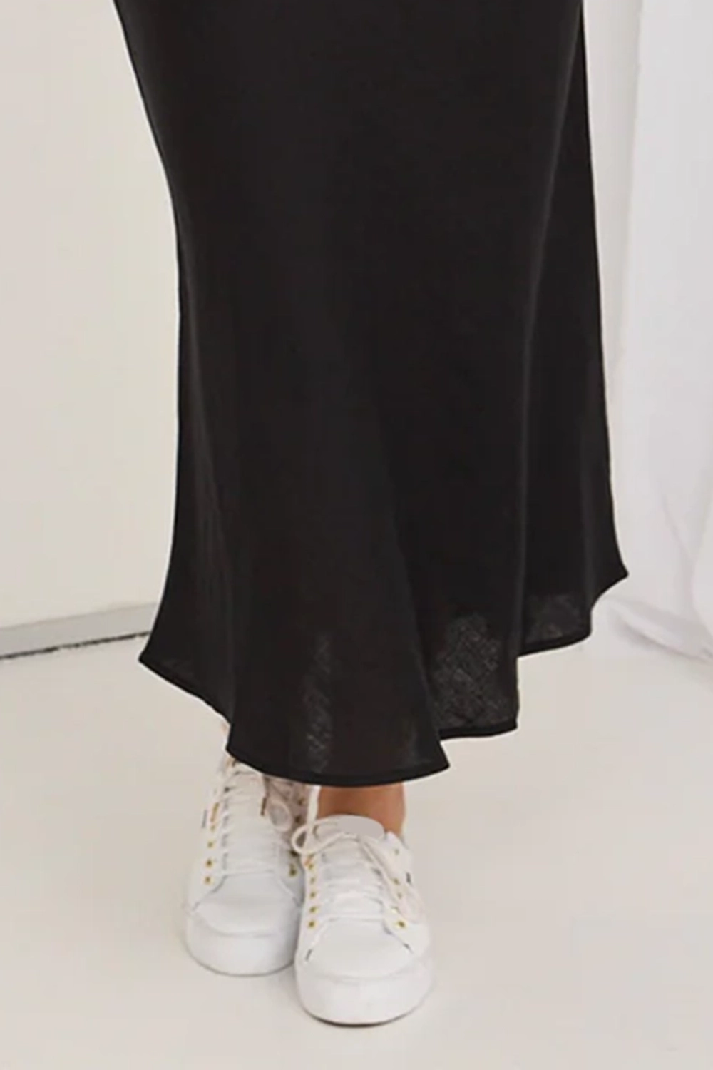 Black Linen Bias Cut Midi Skirt