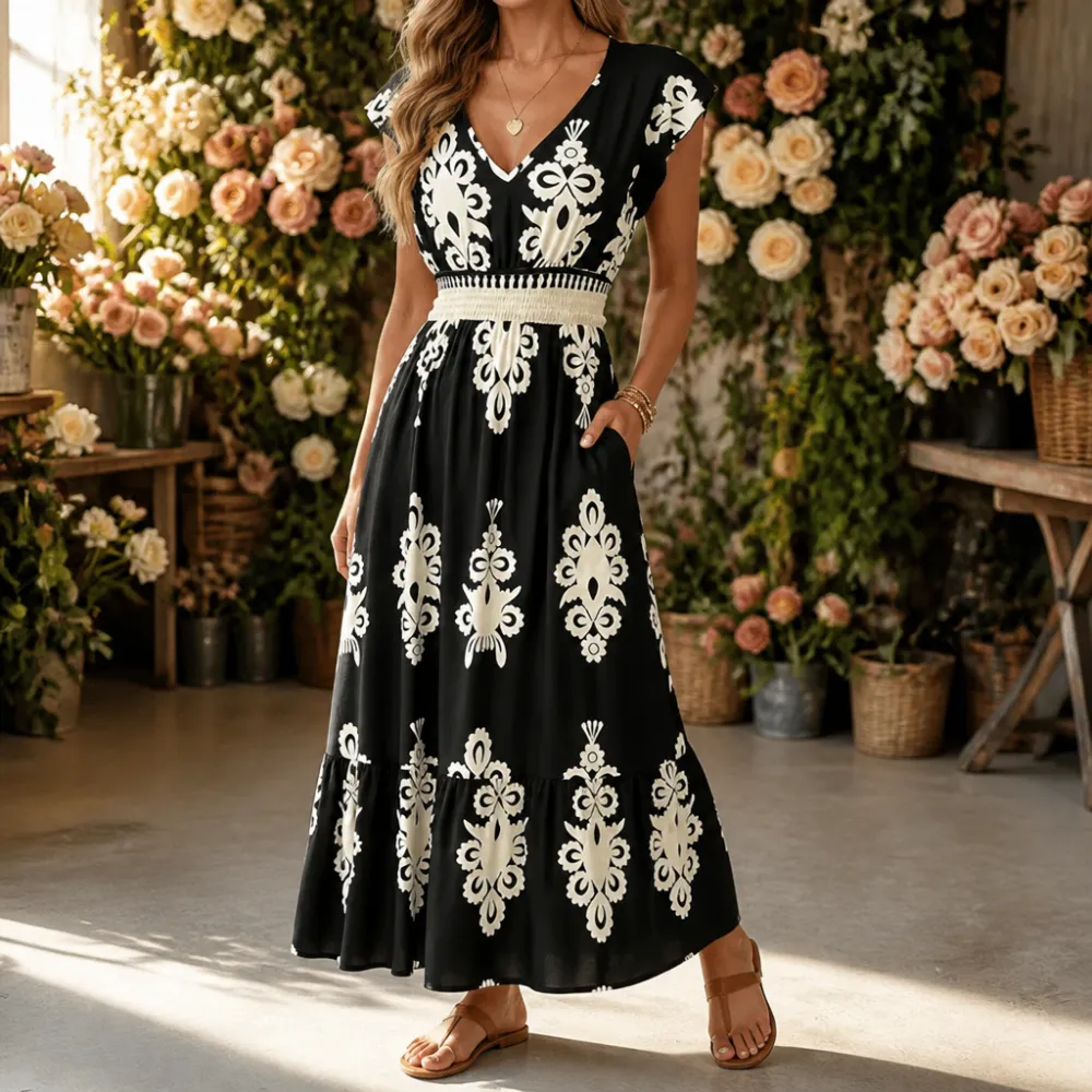 V Neck Printed Damask Midi Dress