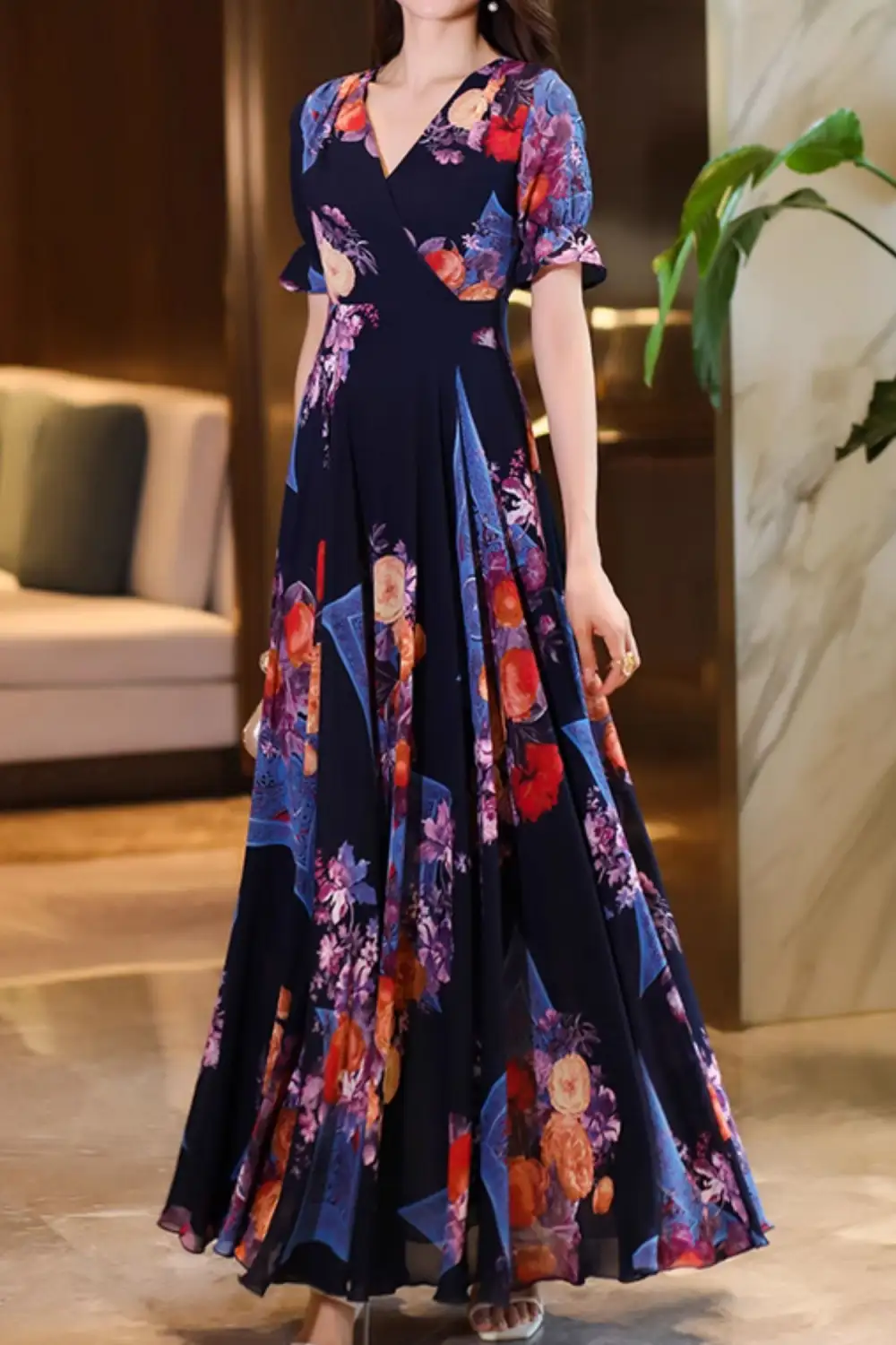 Refined Floral Chiffon Ruffle V Neck Short Sleeve Maxi Dress