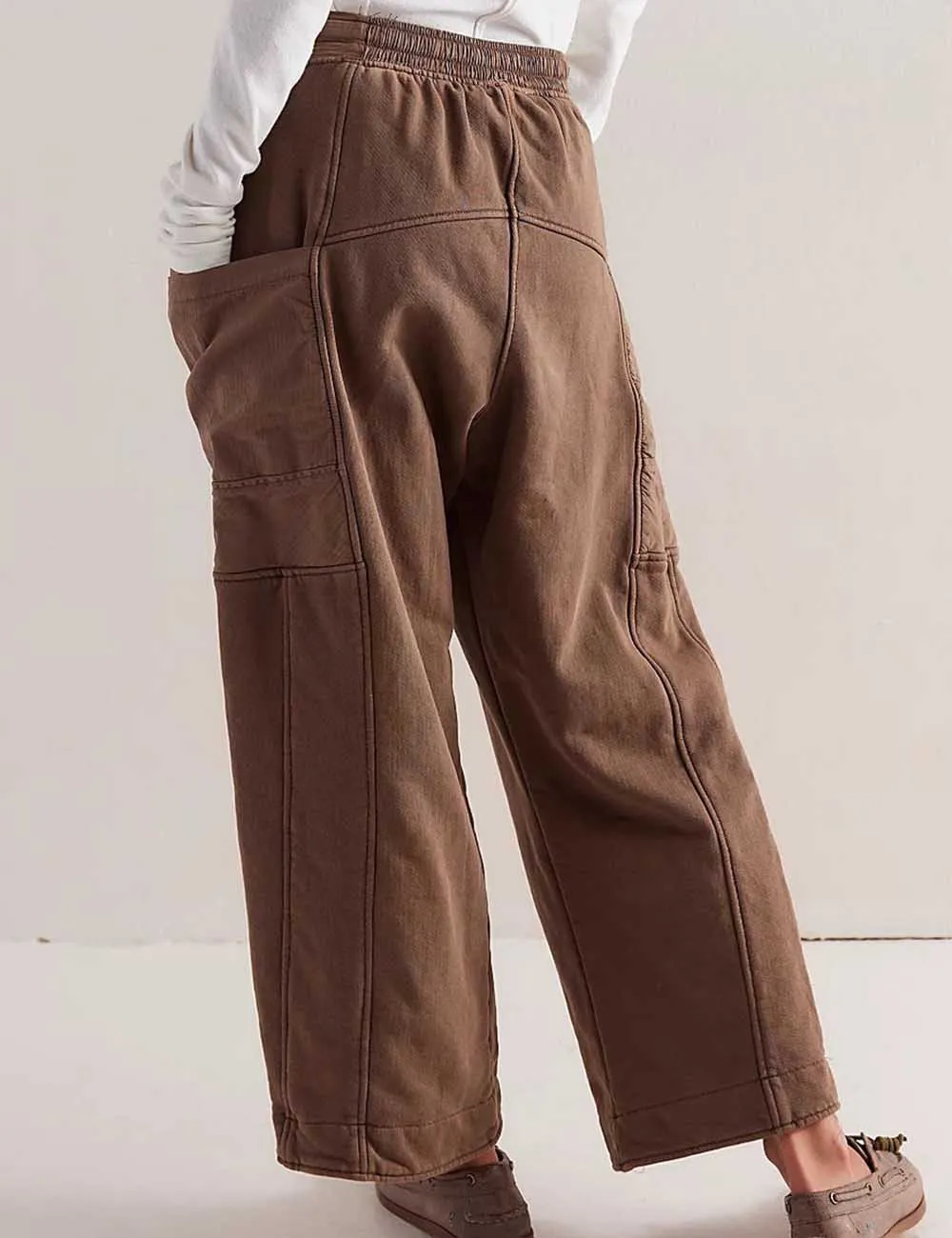 Elastic Waist Drawstring Pocket Straight Leg Denim Pants