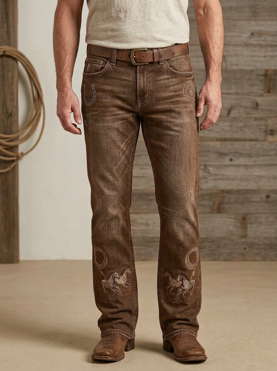 Men's Classic Western Cowboy Horseshoe Horse Embroidered Jeans