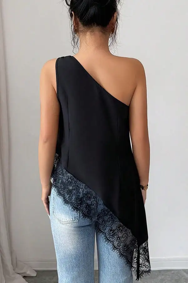 One Shoulder Lace Solid Color Tops