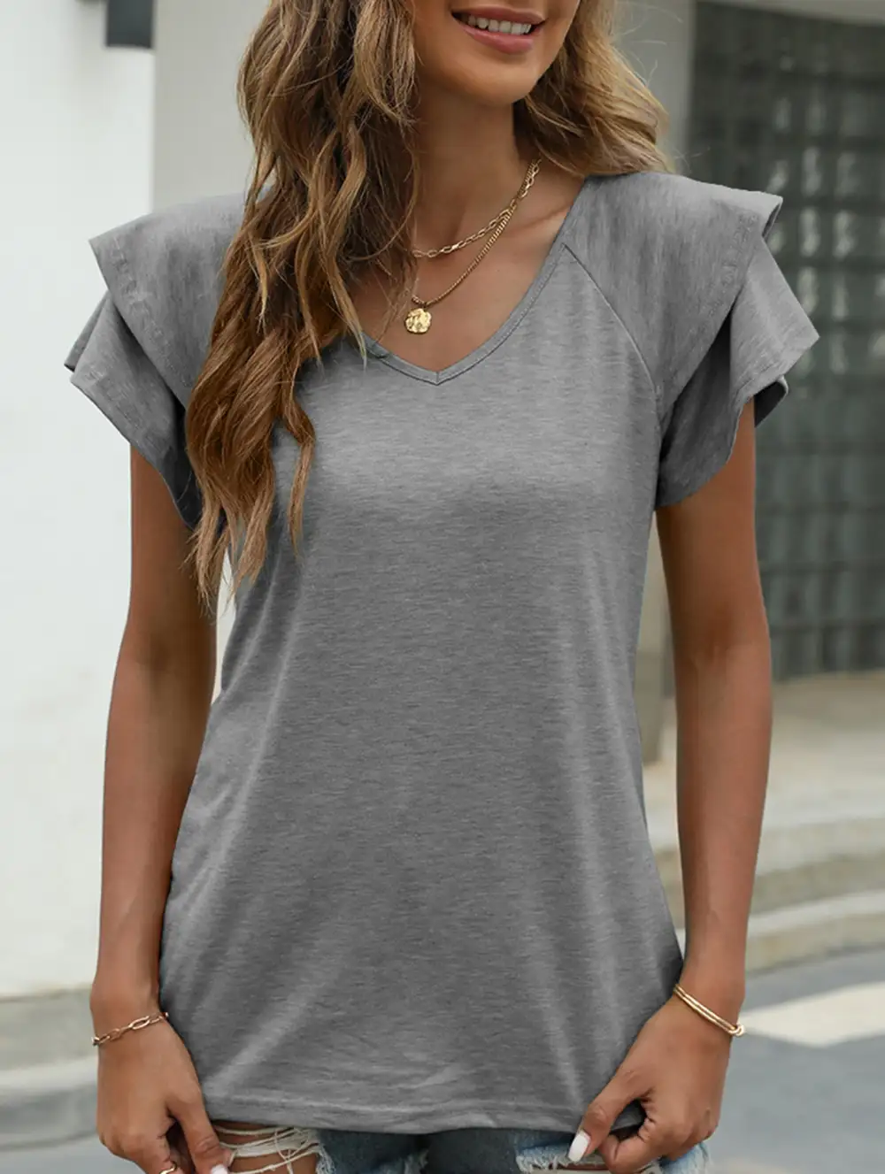 Solid Color V-Neck Ruffle Sleeve T-Shirt