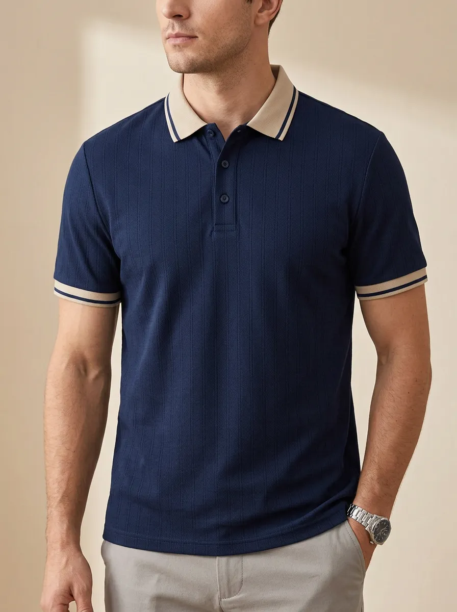 Men's Knit Ribbed Textured Vertical-Stripe Tipped-Collar Contrast-Trim Polo Shirt