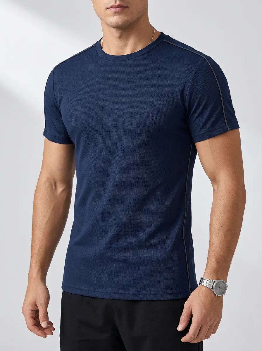 Refined Ribbed Textured Crew Neck Silhouette Men's Slim Fit Short Sleeve T-Shirt
