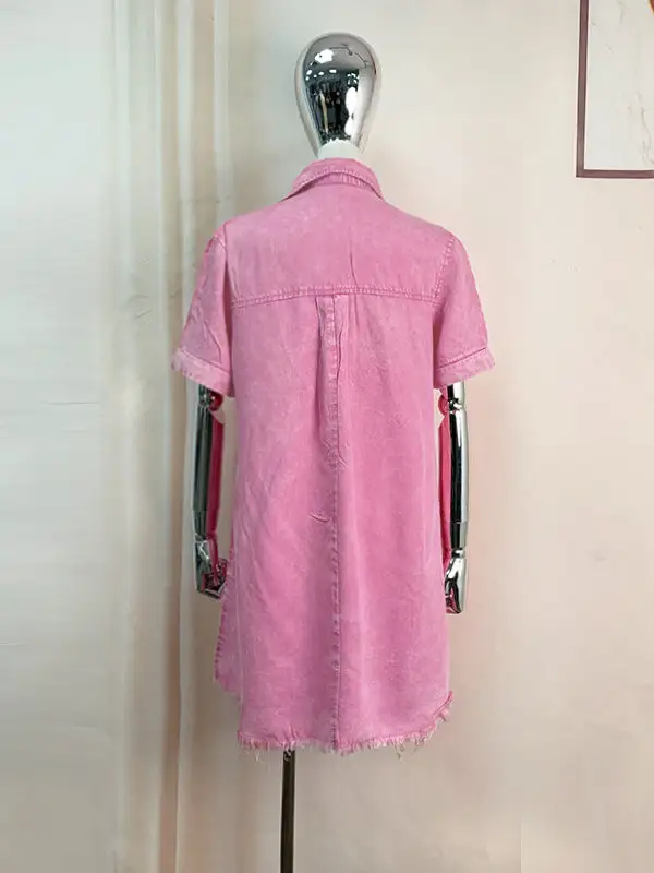A Line Relaxed Fringed Pleated Pocket Split Joint Lapel Mini Dress