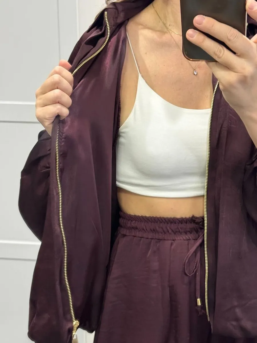 Women's solid color cross-section design casual zipper cardigan & pants set