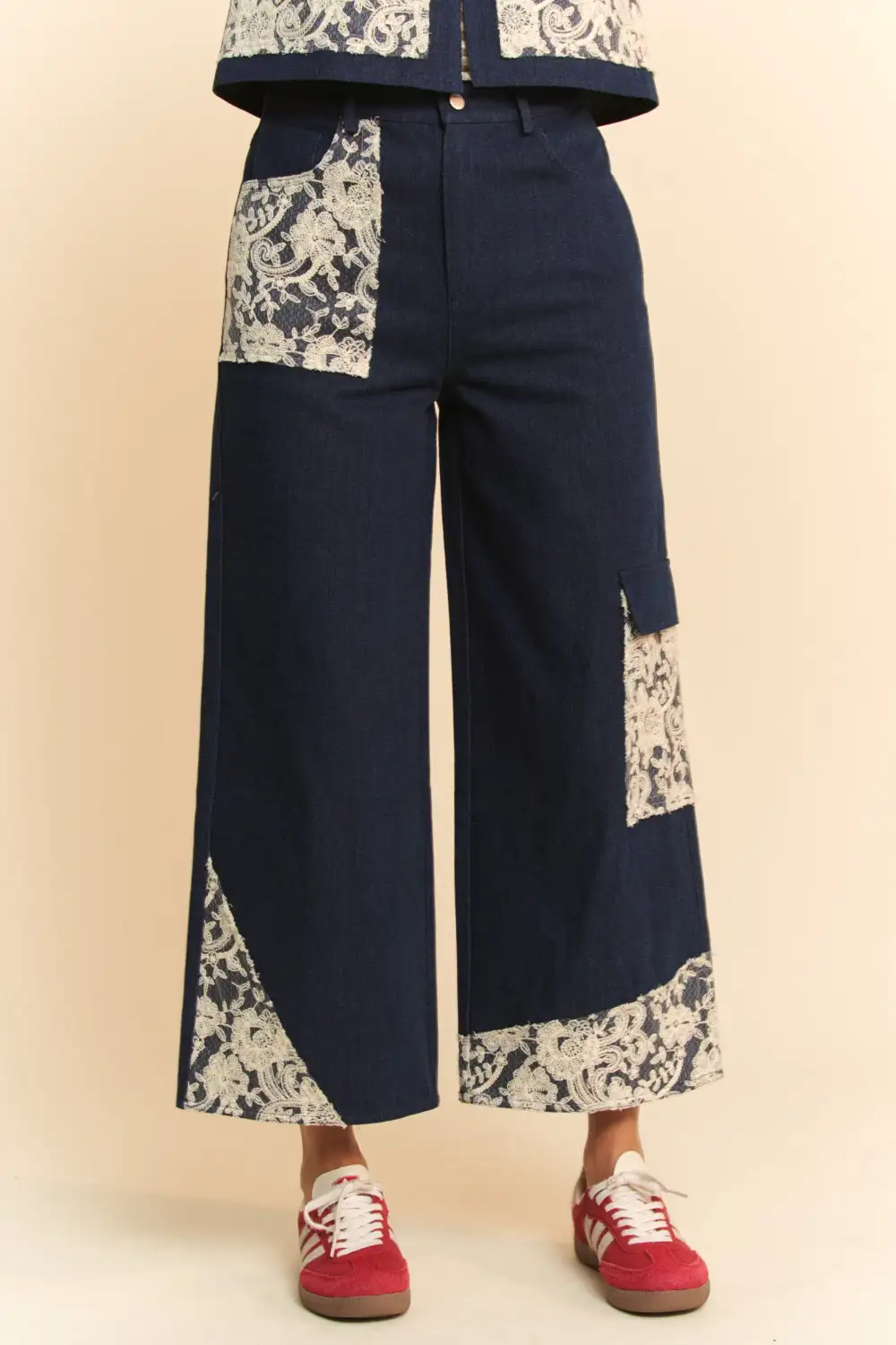 Lace Applique Wide Leg Detail Denim Jeans