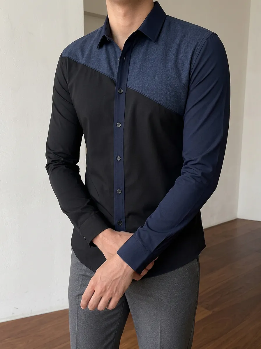 Men's Casual Business Colorblock Contrast Panel Slim Fit Shirt