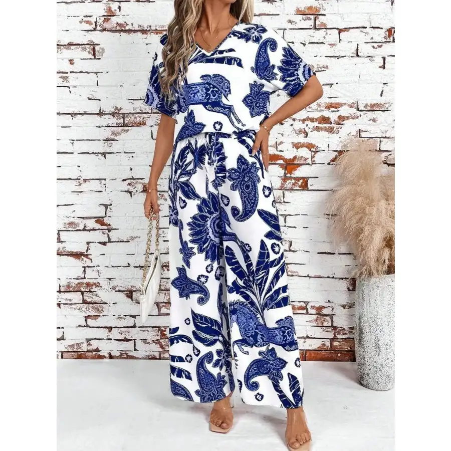 Printed V Neck Top and Wide Leg Pants Set