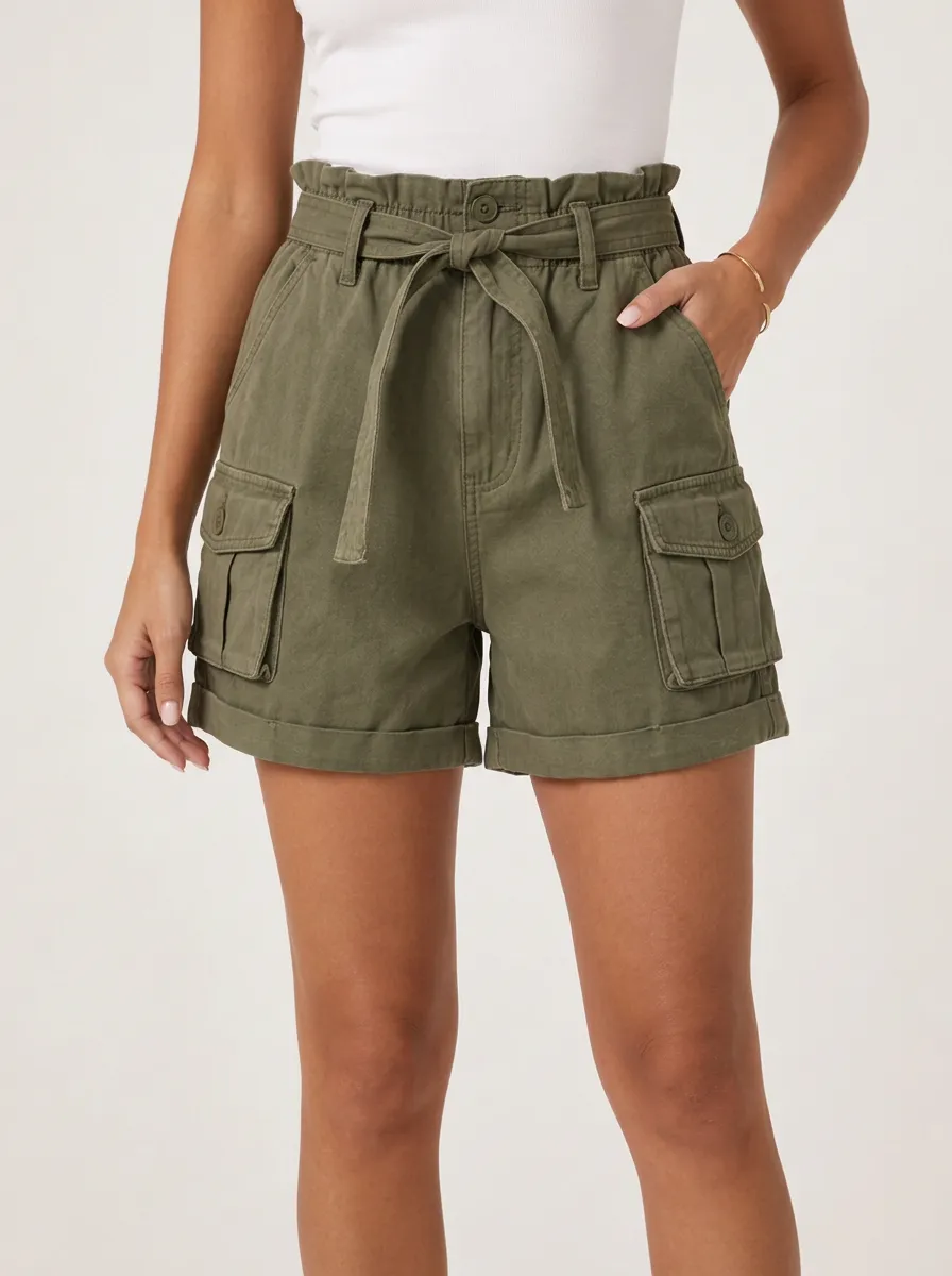 Women's Casual Olive Green High Waisted Belted Cargo Shorts