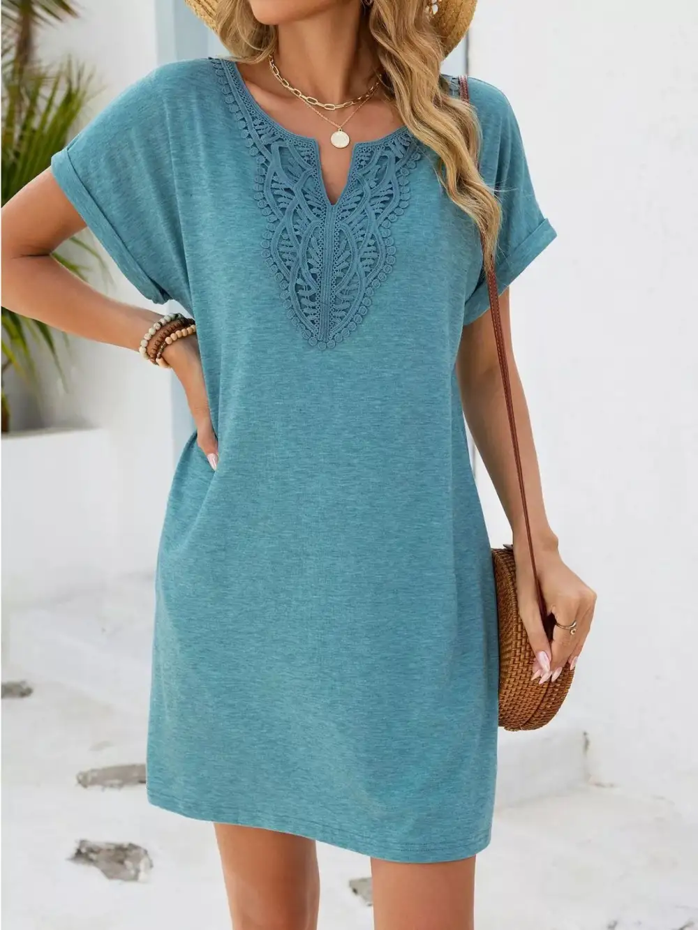 Polished Detail Lace Short Sleeve Dress