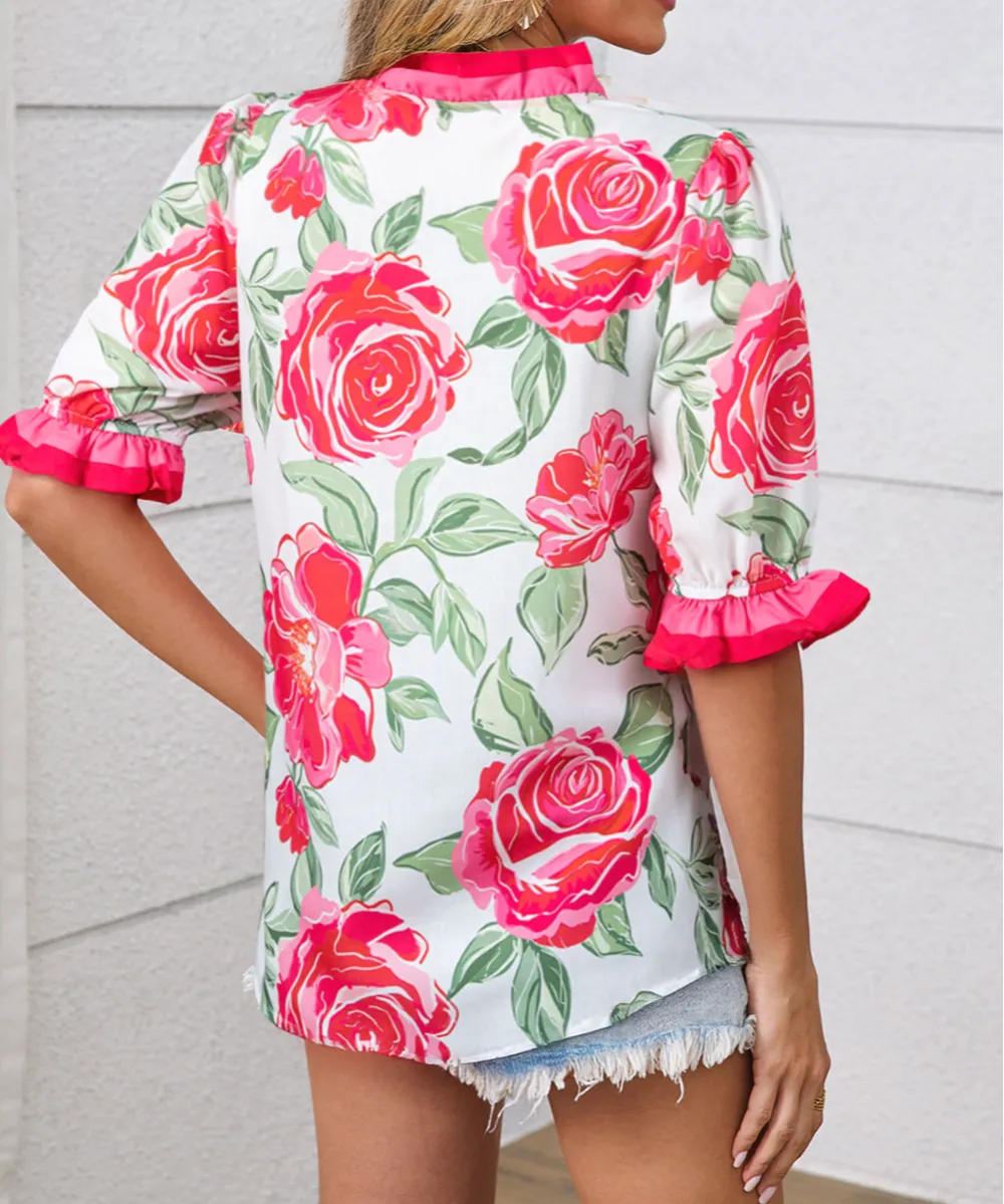 Rose Floral Frilled V Neck Short Sleeve Blouse Top