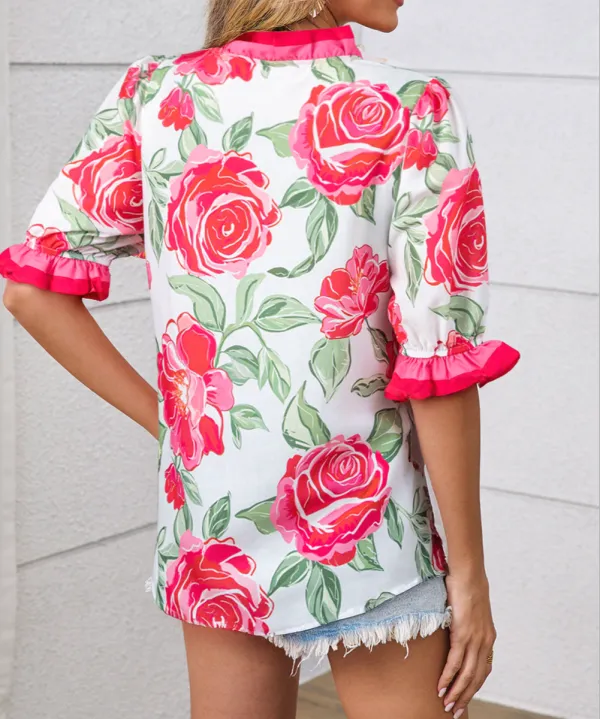 Rose Floral Frilled V Neck Short Sleeve Blouse Top