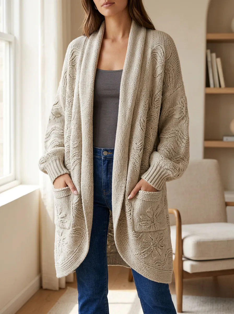 Women's Floral Pattern Knit Open- Design Wide Shawl Long Cardigan