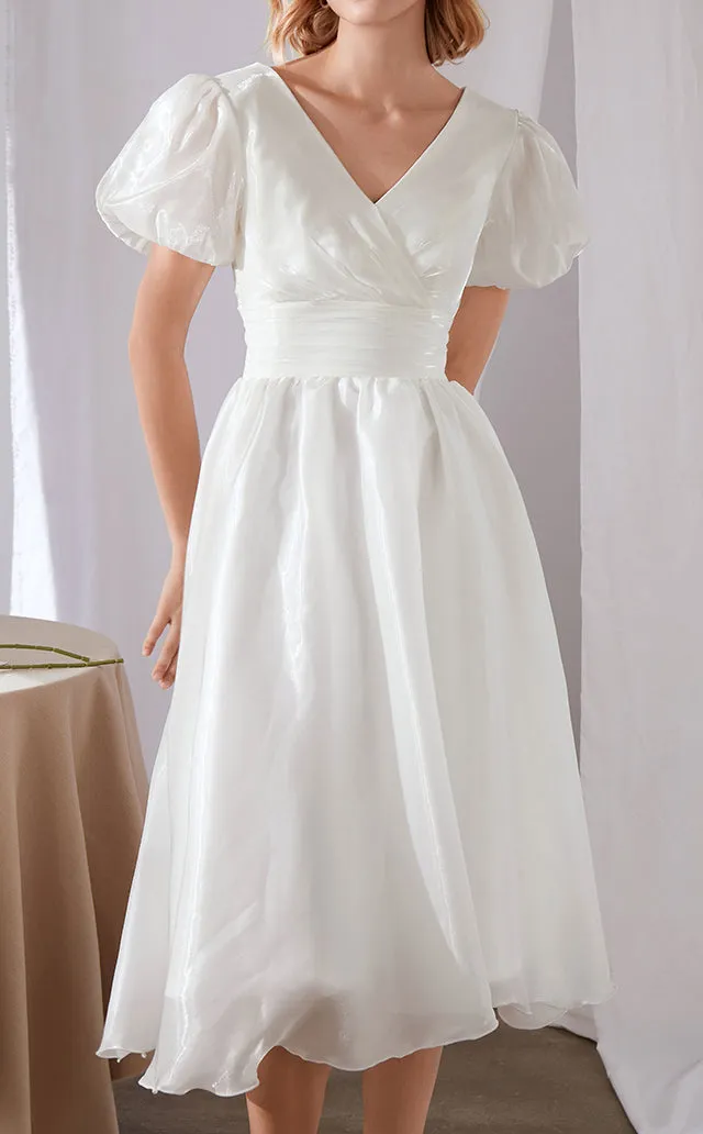 Polyester Swing V Neck Puff Sleeve Midi Dress