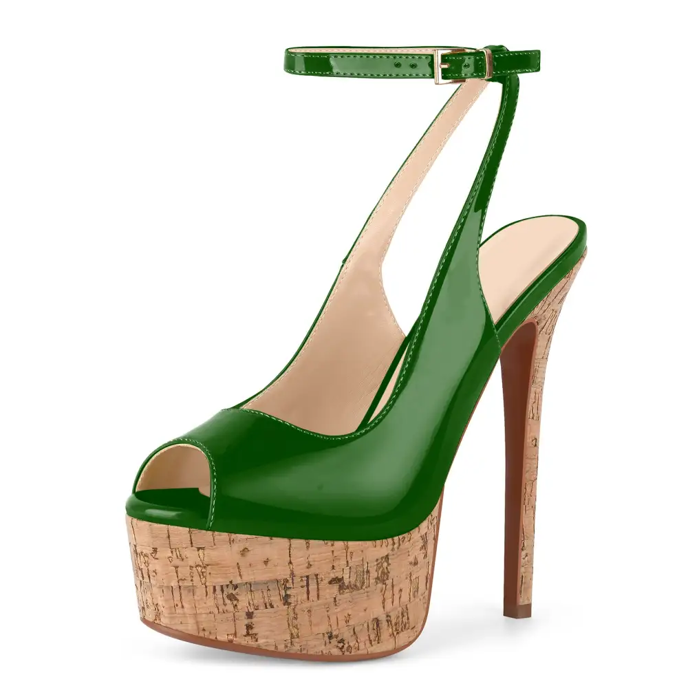 Patent Finish Peep Toe Platform Stiletto Ankle Strap Pumps