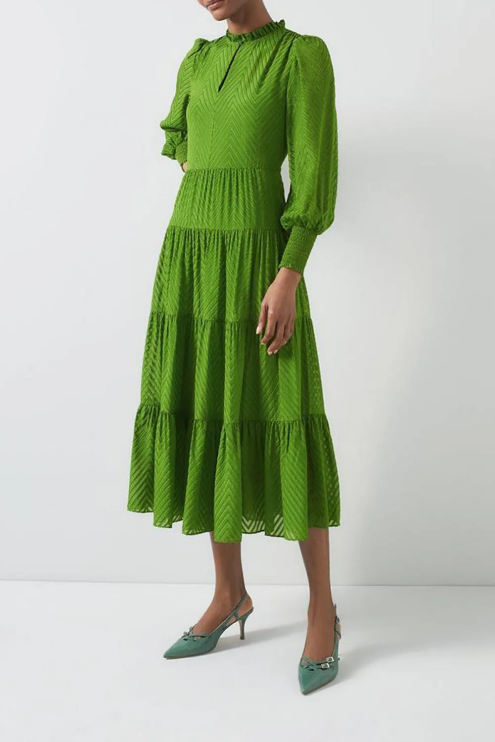 Green Tiered Long Sleeve Maxi Dress