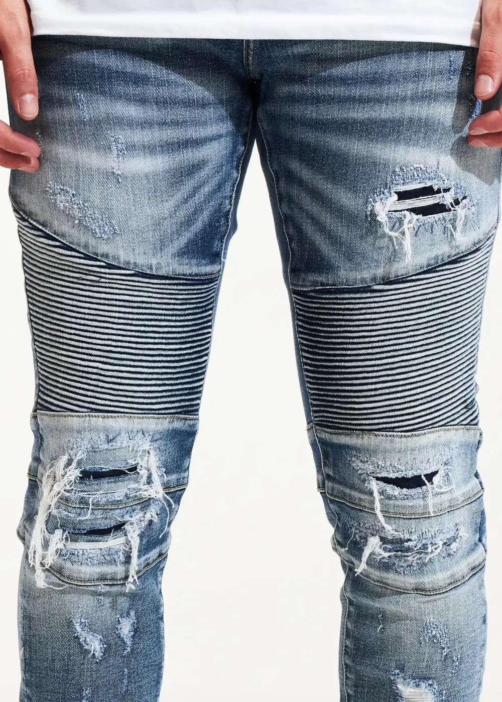 Distressed Ribbed Biker Jeans