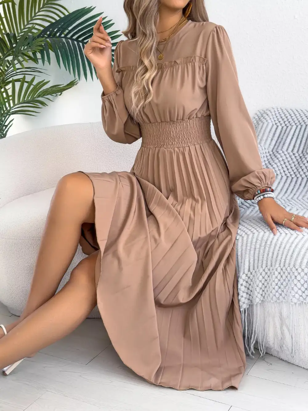 Pleated Smocked Long Sleeve Midi Dress