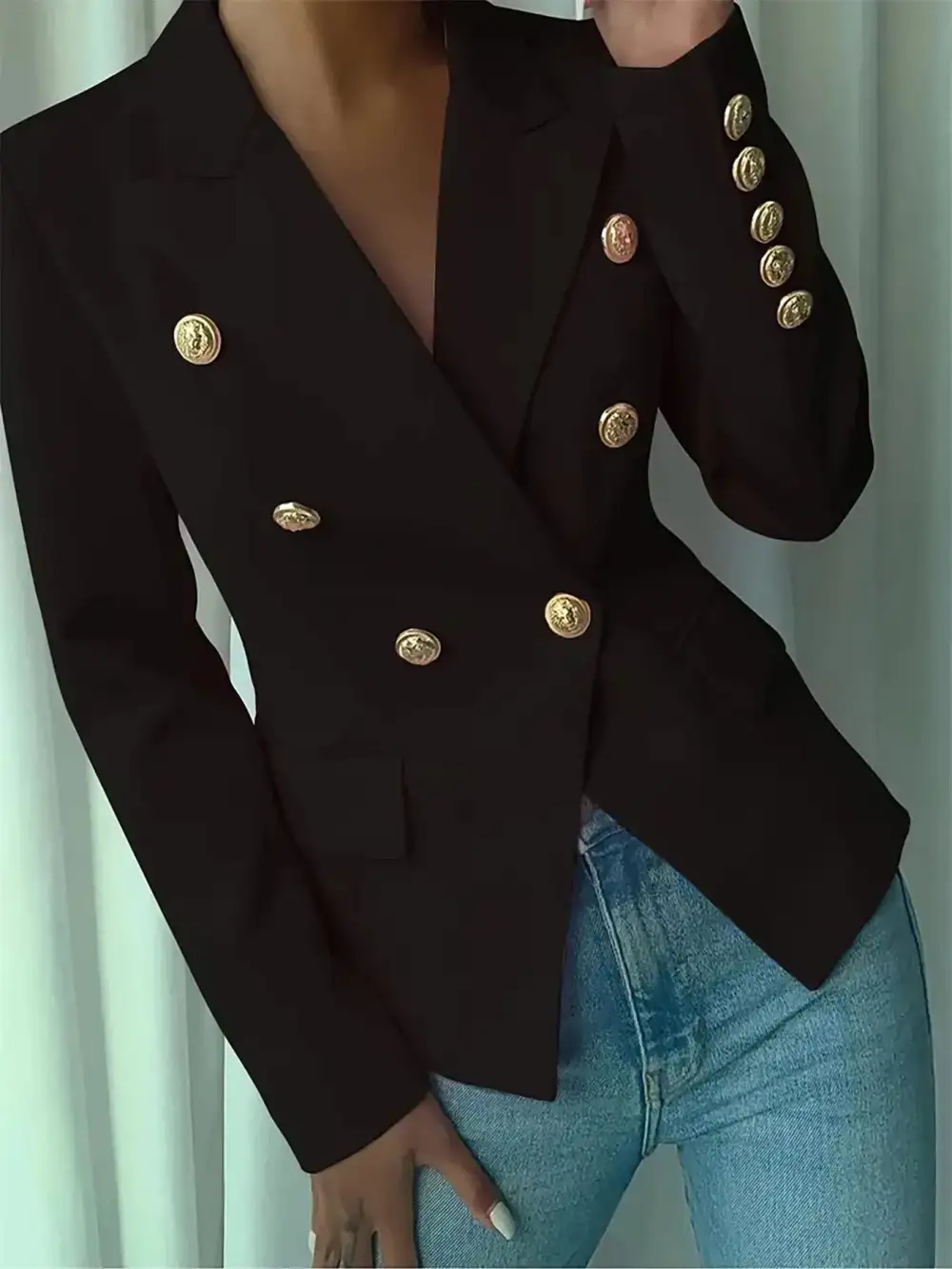 Double-Breasted Lapel-Collar Blazer