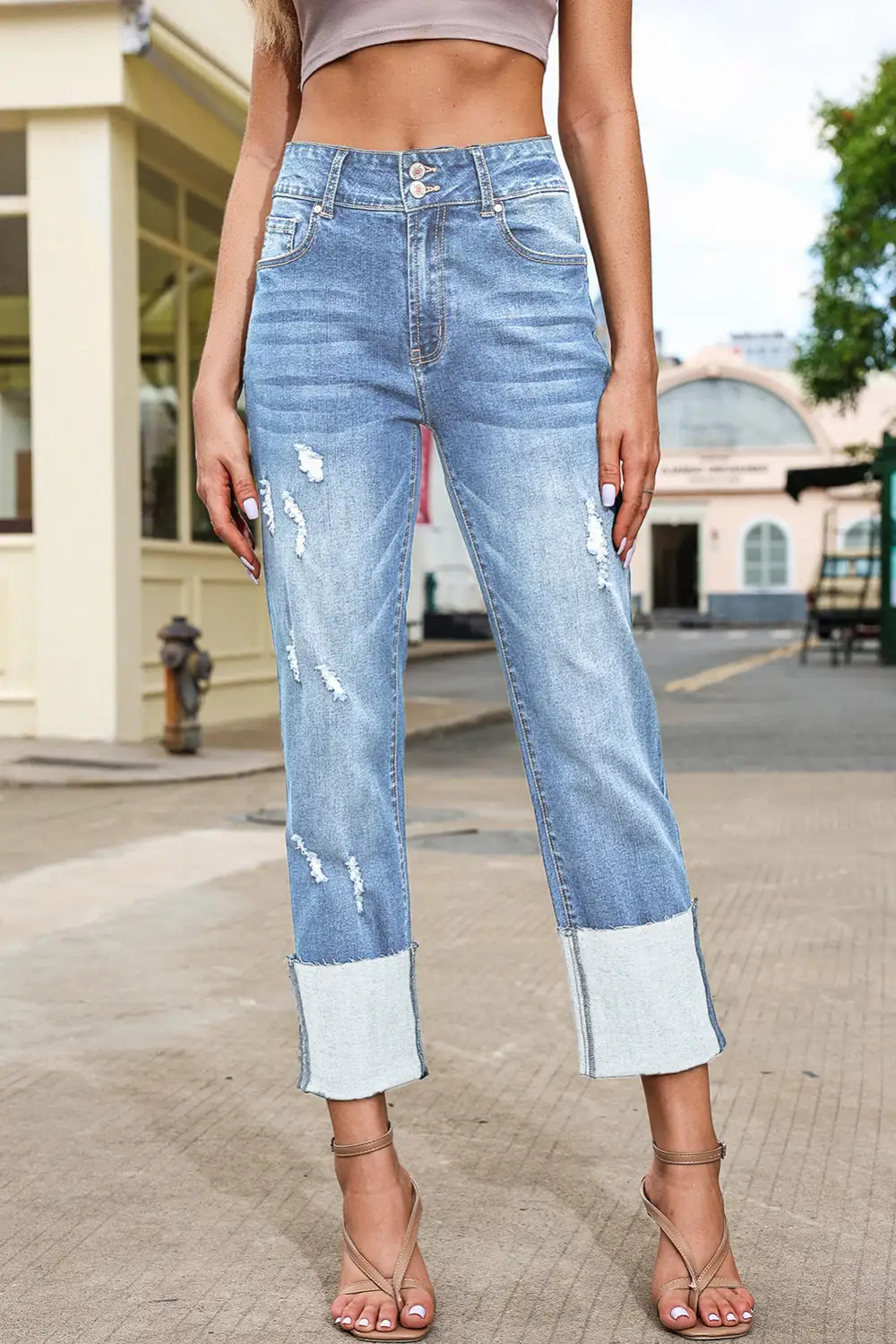 High Waist Distressed Straight Leg Jeans