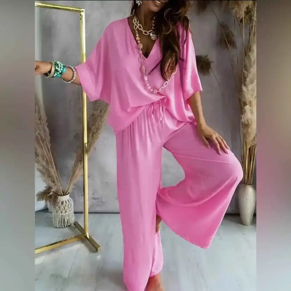 Lounge Set Flowy V-neck Top & Wide-leg Pants For All Party
