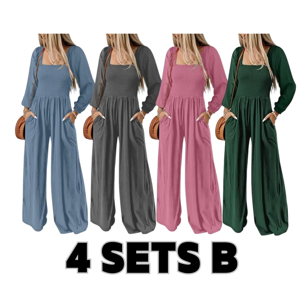 Women's Wide Leg Jumpsuit - Long Sleeve Loose Fit Overalls with Pockets