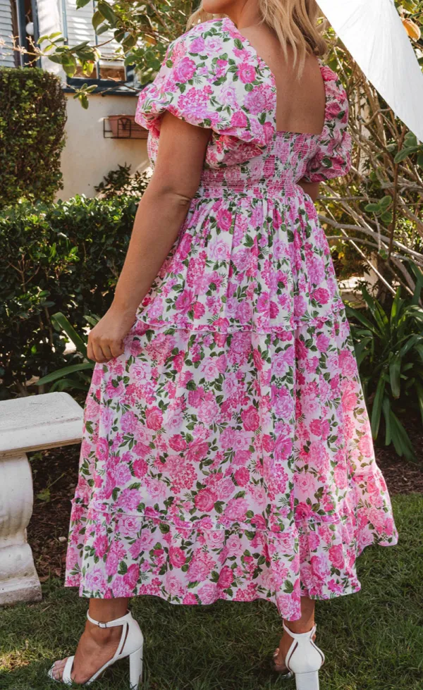 Plus Size Floral Print Smocked Puff Sleeve Dress