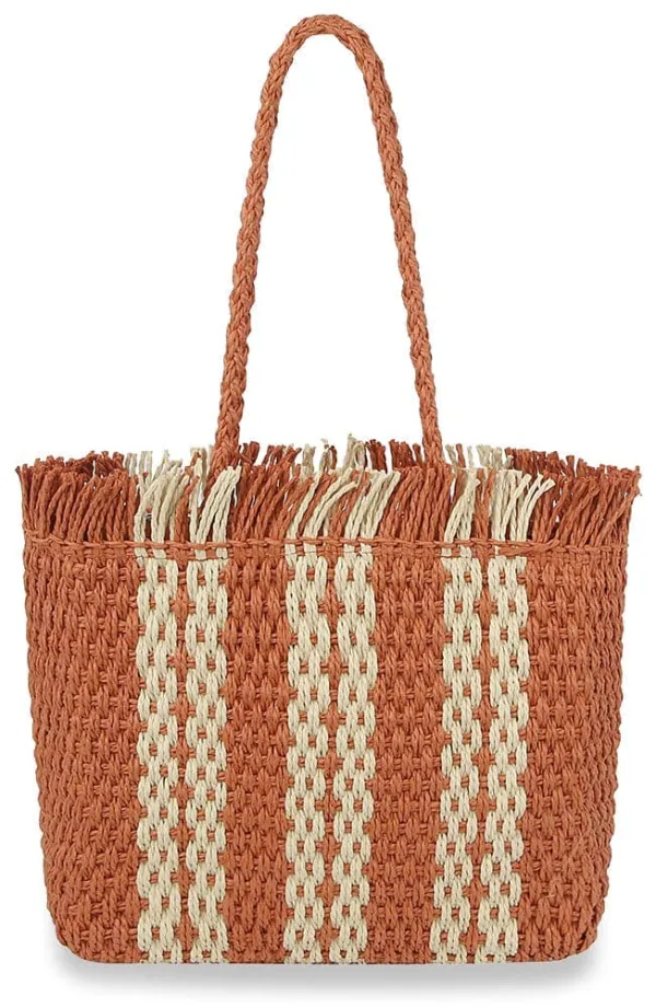 Woven Fringed Pocketed Woven Straw Tote Bag