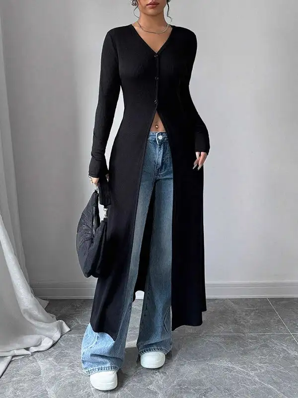 Long Sleeve Slim Fit Button Detail Front Slit V-Neck T-Shirt