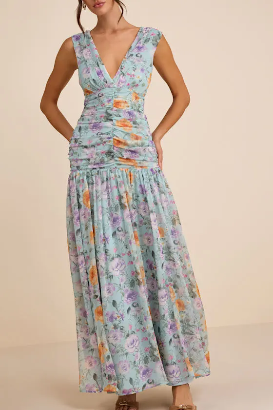 Melisandre Light Blue Floral Drop Waist Maxi Dress
