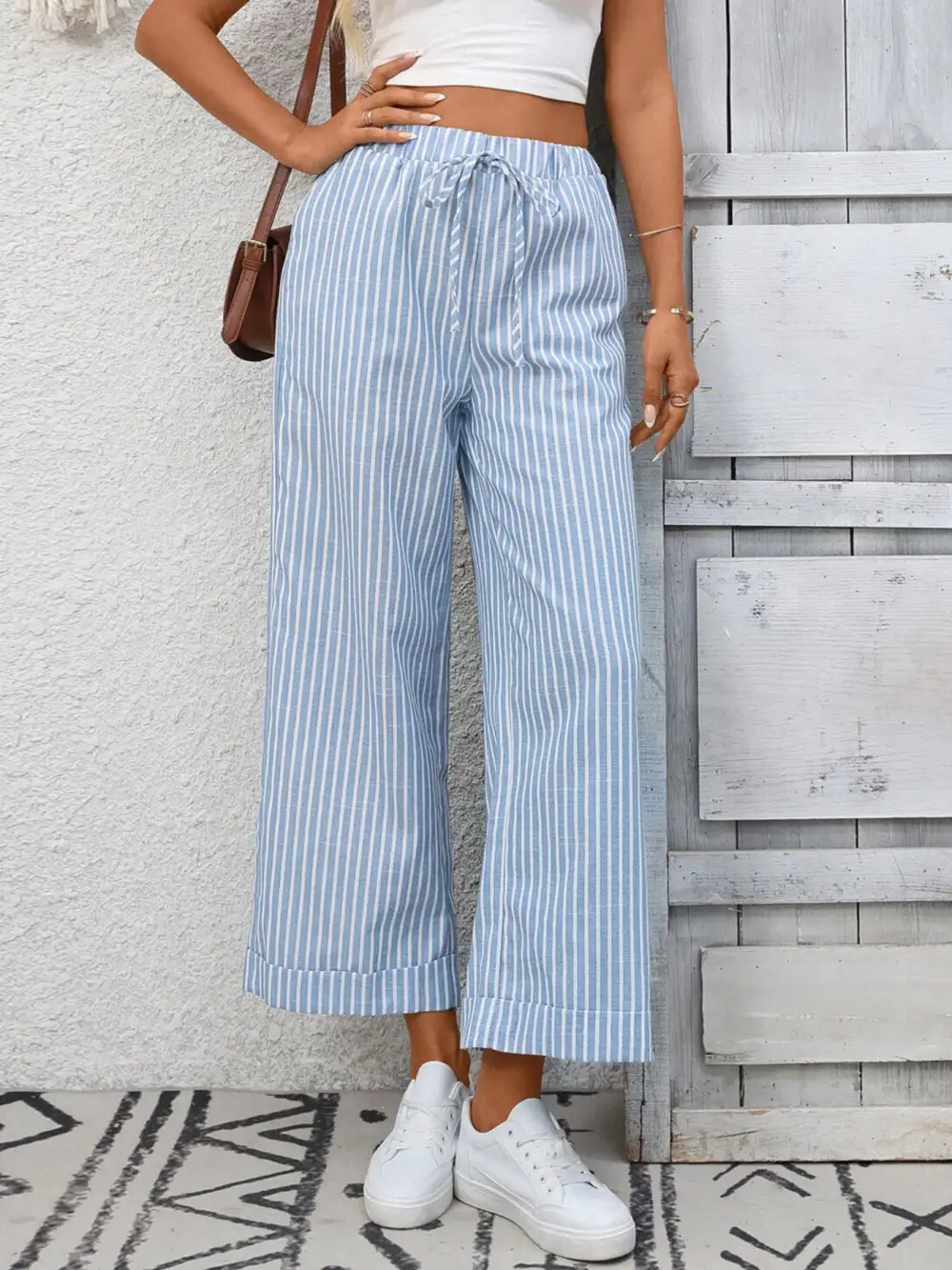 Wide Leg Striped Drawstring Pocketed Pants
