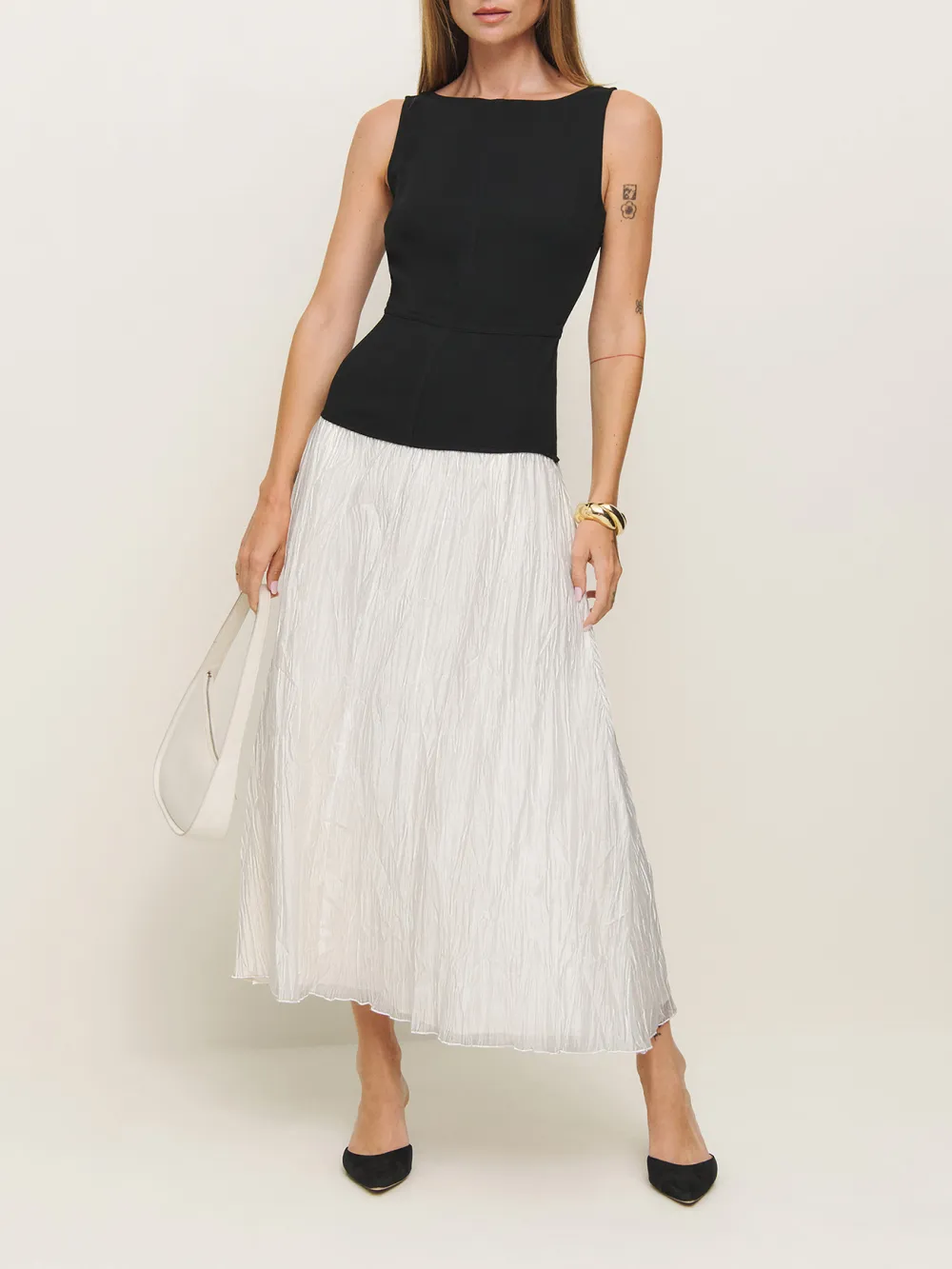 Sleeveless Knit Bodice Pleated Midi Dress